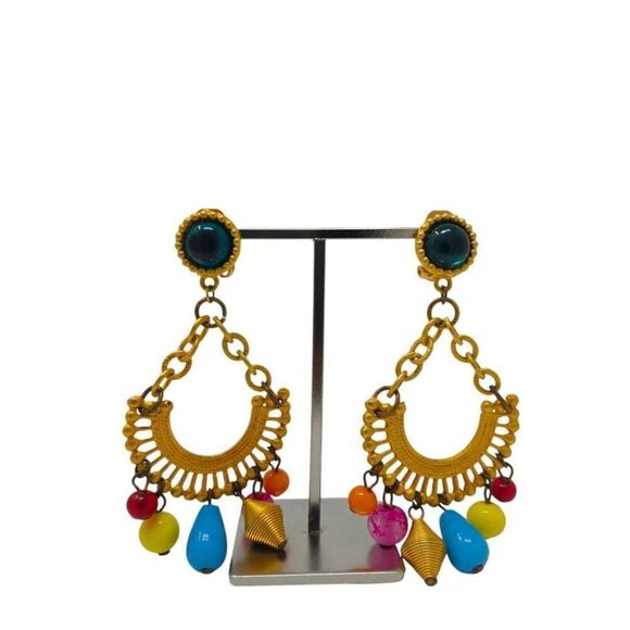 Vintage Gold Tone Tropical Beaded Clip-On Earrings | 3.50" - Picture 2 of 7